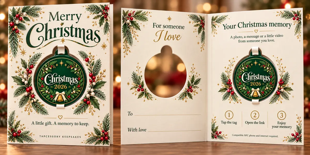 Evergreen greeting card with its built-in keepsake tag